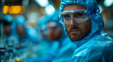 Medical bio laboratory, Research, Science test technology. Pharmaceutical lab specialist examines medicine vials, hospital patient samples. Medical student conducts research. Realistic style photoの素材