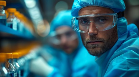 Medical bio laboratory, Research, Science test technology. Pharmaceutical lab specialist examines medicine vials, hospital patient samples. Medical student conducts research. Realistic style photoの素材