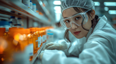 Medical bio laboratory, Research, Science test technology. Pharmaceutical lab specialist examines medicine vials, hospital patient samples. Medical student conducts research. Realistic style photoの素材