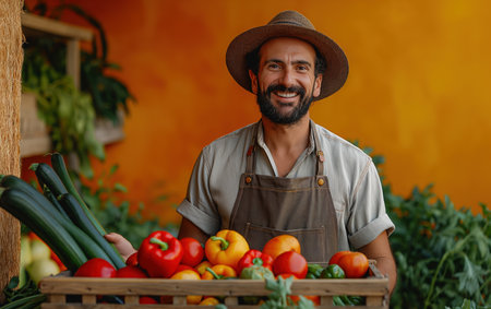 Farmer gathering and holding wooden box full of fresh, raw vegetables on farm. Growing organic food concept, grocery produce. Basket with vegetables in the farmer hands. Realistic style photoの素材