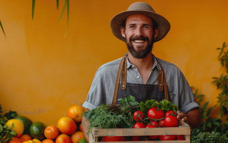 Farmer gathering and holding wooden box full of fresh, raw vegetables on farm. Growing organic food concept, grocery produce. Basket with vegetables in the farmer hands. Realistic style photoの素材