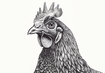 Chicken sketch. Vintage retro print, hand-drawn illustration chicken, high detail, engraving technique, detailed black and white ink drawing, chicken portrait. Side view profile. Illustrationの素材