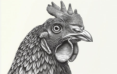 Chicken sketch. Vintage retro print, hand-drawn illustration chicken, high detail, engraving technique, detailed black and white ink drawing, chicken portrait. Side view profile. Illustrationの素材