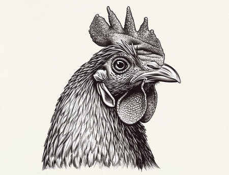 Chicken sketch. Vintage retro print, hand-drawn illustration chicken, high detail, engraving technique, detailed black and white ink drawing, chicken portrait. Side view profile. Illustrationの素材