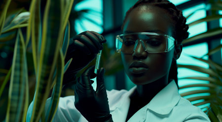 Medical bio laboratory, Research, Science. Pharmaceutical lab with plants, specialist conducts research, science lab, cosmetics beauty innovation, eco biotechnology. Realistic photoの素材