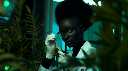 Medical bio laboratory, Research, Science. Pharmaceutical lab with plants, specialist conducts research, science lab, cosmetics beauty innovation, eco biotechnology. Realistic photoの素材