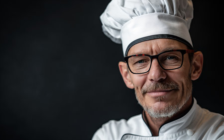 Professional Chef. Portrait male chef with cook hat, white uniform. Portrait of an old Italian or French chef, standing in the kitchen, restaurant, cooking class, cooking school. Realistic style photoの素材