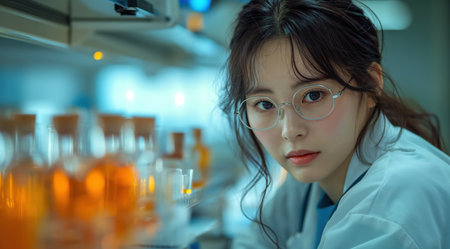 Medical bio laboratory, Research, Science test technology. Pharmaceutical lab specialist examines medicine vials, hospital patient samples. Medical student conducts research. Realistic style photoの素材