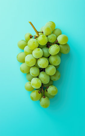 Grape. Bunch of grapes, fruit branch on pastel uniform color background, studio minimal concept. Minimalist summer brunch of grape, fruit, food concept, top view. Realistic Photoの素材