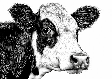 Cow, bull, farm. Vintage retro print, black white cow sketch ink pencil style drawing, engrave old school. Sketch artwork silhouette farm cow, white background. Side view profile. Illustrationの素材