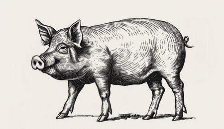 Pig, hog, boar. Vintage retro print, black white pig sketch ink pencil style drawing, linear drawing, engrave old school. Sketch artwork silhouette pig, hog, boar. Side view profile. Illustrationの素材