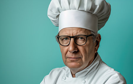 Professional Chef. Portrait male chef with cook hat, white uniform. Portrait of an old Italian or French chef, standing in the kitchen, restaurant, cooking class, cooking school. Realistic style photoの素材