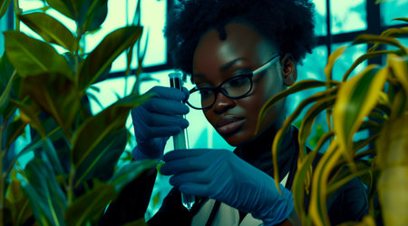 Medical bio laboratory, Research, Science. Pharmaceutical lab with plants, specialist conducts research, science lab, cosmetics beauty innovation, eco biotechnology. Realistic photoの素材