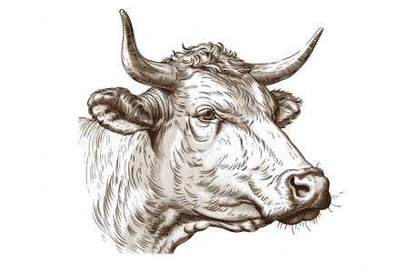 Cow, bull, farm. Vintage retro print, black white cow sketch ink pencil style drawing, engrave old school. Sketch artwork silhouette farm cow, white background. Side view profile. Illustrationの素材