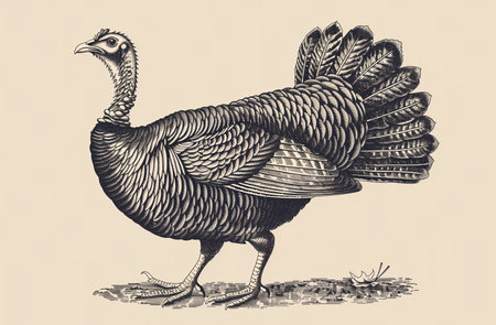 Turkey, sketch. Vintage retro print, turkey sketch ink pencil style drawing, linear drawing for Thanksgiving Day, engrave old school. Sketch artwork silhouette turkey. Side view profile. Illustrationの素材