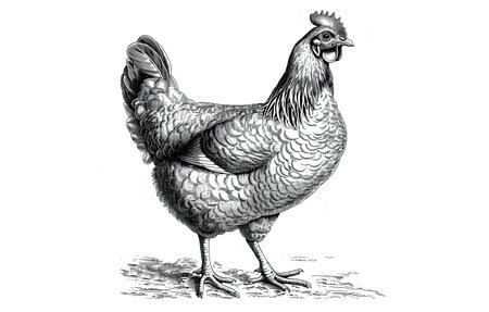 Rooster, chicken sketch. Vintage retro print, hand-drawn illustration rooster, chicken, hen, engraving technique, pencil ink drawing, chicken hen portrait. Side view rooster profile. Illustrationの素材