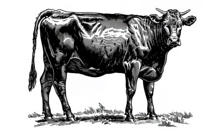 Cow, bull, farm. Vintage retro print, black white cow sketch ink pencil style drawing, engrave old school. Sketch artwork silhouette farm cow, white background. Side view profile. Illustrationの素材