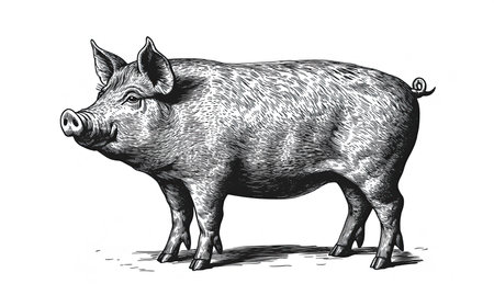 Pig, hog, boar. Vintage retro print, black white pig sketch ink pencil style drawing, linear drawing, engrave old school. Sketch artwork silhouette pig, hog, boar. Side view profile. Illustrationの素材