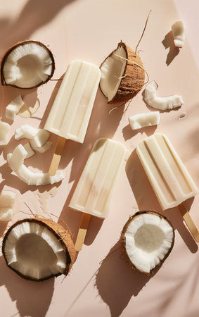 Ice cream popsicle. Fruity popsicle, ice cream with berries, fruits on color pastel background. Frozen fruit berry popsicle. Homemade ice lolly. Summer ice cream minimal fashion idea. Realistic photoの素材