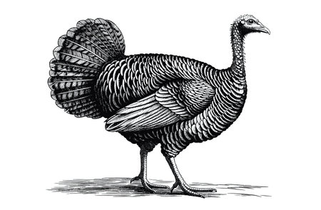 Turkey, sketch. Vintage retro print, turkey sketch ink pencil style drawing, linear drawing for Thanksgiving Day, engrave old school. Sketch artwork silhouette turkey. Side view profile. Illustrationの素材