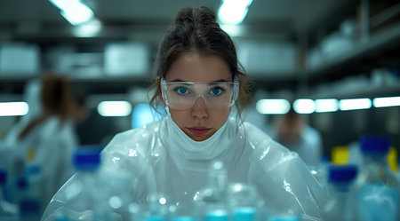 Medical bio laboratory, Research, Science test technology. Pharmaceutical lab specialist examines medicine vials, hospital patient samples. Medical student conducts research. Realistic style photoの素材