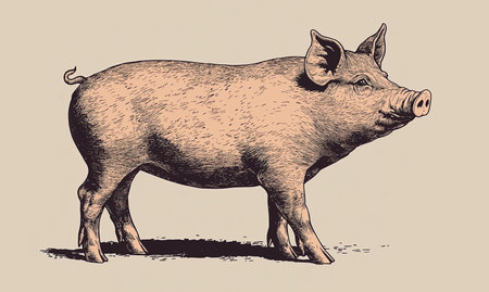 Pig, hog, boar. Vintage retro print, black white pig sketch ink pencil style drawing, linear drawing, engrave old school. Sketch artwork silhouette pig, hog, boar. Side view profile. Illustrationの素材
