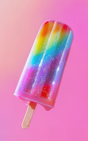 Ice cream popsicle. Fruity popsicle, ice cream with berries, fruits on color pastel background. Frozen fruit berry popsicle. Homemade ice lolly. Summer ice cream minimal fashion idea. Realistic photoの素材