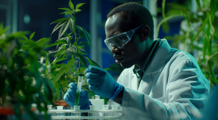 Medical bio laboratory, Research, Science. Pharmaceutical lab with plants, specialist conducts research, science lab, cosmetics beauty innovation, eco biotechnology. Realistic photoの素材