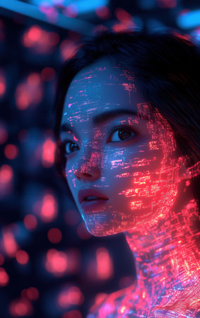 AI Artificial intelligence cyber. Futuristic AI abstract design, intricate circuitry pattern. AI Robot face, virtual human, virtual character, digital clone, machine learning. Realistic photoの素材