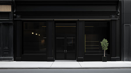 Mockup storefront, shop facade and window. Template for storefront window, classic boutique design. Empty window, retail front, store facade, traditional storefront style. Realistic style photoの素材