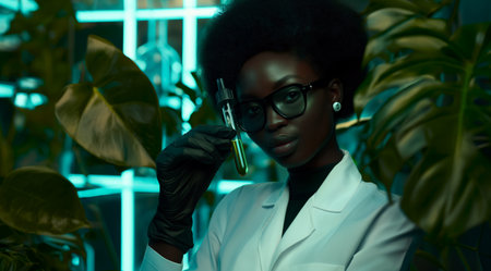 Medical bio laboratory, Research, Science. Pharmaceutical lab with plants, specialist conducts research, science lab, cosmetics beauty innovation, eco biotechnology. Realistic photoの素材