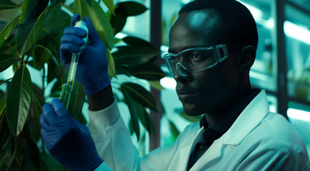 Medical bio laboratory, Research, Science. Pharmaceutical lab with plants, specialist conducts research, science lab, cosmetics beauty innovation, eco biotechnology. Realistic photoの素材