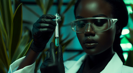 Medical bio laboratory, Research, Science. Pharmaceutical lab with plants, specialist conducts research, science lab, cosmetics beauty innovation, eco biotechnology. Realistic photoの素材