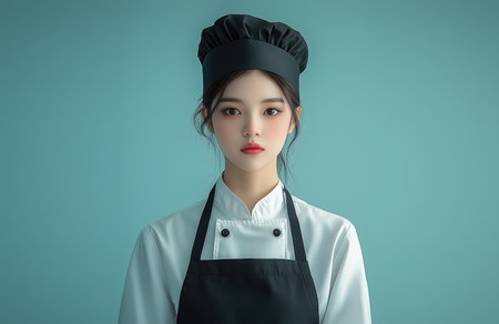 Chef kitchen apron. Chef cook in uniform, kitchen apron, protective apparel, culinary environment, food service setting, chef in kitchen interior, apron mock-up. Realistic style photo.の素材