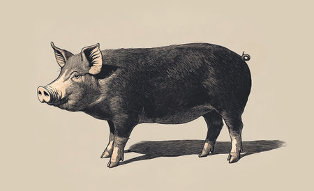 Pig, hog, boar. Vintage retro print, black white pig sketch ink pencil style drawing, linear drawing, engrave old school. Sketch artwork silhouette pig, hog, boar. Side view profile. Illustrationの素材