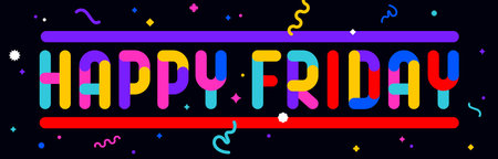 Happy Friday. Funny banner, speech bubble, poster sticker concept. Geometric colorful style for fun, bright night party, with text Happy Friday. Phrase, text, message Happy Friday. Vector Illustrationのイラスト素材