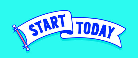Start Today. Flag ribbon template. Vintage ribbon flag, text Start Today. Graphic retro flag, ribbon, poster banner. Retro style ribbon banner Start Today. Vector Illustrationのイラスト素材