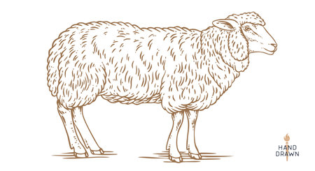 Sheep, lamb, mutton. Vintage retro print, black white sheep drawing, sketch ink pencil draw, engrave old school style. Sketch artwork silhouette sheep. Mutton, sheep, lamb. Vector Illustrationのイラスト素材