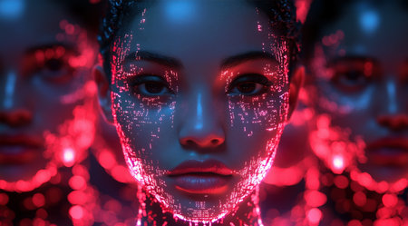 AI Artificial intelligence cyber. Futuristic AI abstract design, intricate circuitry pattern. AI Robot face, virtual human, virtual character, digital clone, machine learning. Realistic photoの素材