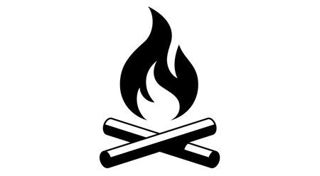 Fire, flame, bonfire. Flame fire icon, abstract style on white background. Flat burn fire symbol, bonfire sign, flame campfire emoji. Camping fireball minimal graphic style. Vector Illustrationのイラスト素材