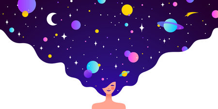 Dream universe flows through woman figure, girl with cosmic night sky in hair. Woman dream vision shines, girl in flat style, universe dream surrounds woman girl cosmos. Vector Illustrationのイラスト素材
