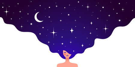 Dream universe flows through woman figure, girl with cosmic night sky in hair. Woman dream vision shines, girl in flat style, universe dream surrounds woman girl cosmos. Vector Illustrationのイラスト素材