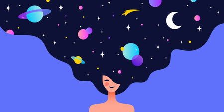 Dream universe flows through woman figure, girl with cosmic night sky in hair. Woman dream vision shines, girl in flat style, universe dream surrounds woman girl cosmos. Vector Illustrationのイラスト素材
