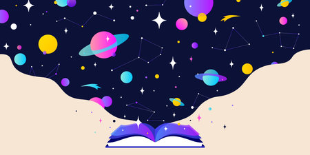 Book, Imagination, Dreams. Cosmos book, space imaginationのイラスト素材