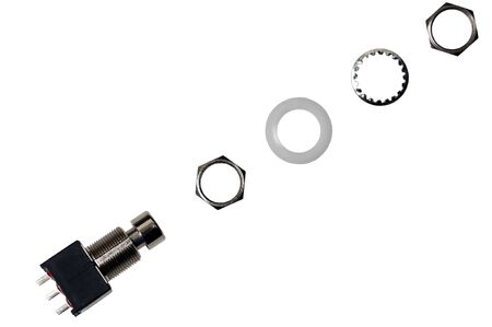 Chrome electrical switch with nuts and spacers, electronic component, isolated on white background...
