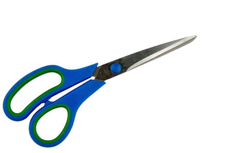 Scissors with blue handles isolated on white background with clipping patch.