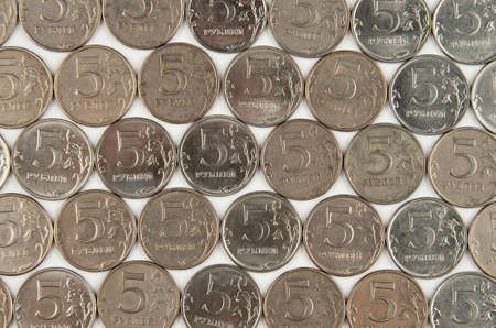 Heap of Russian 5 rubles coins.