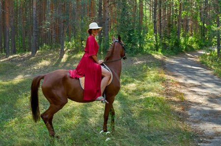 Woman in red dress rides a horse in early springの写真素材