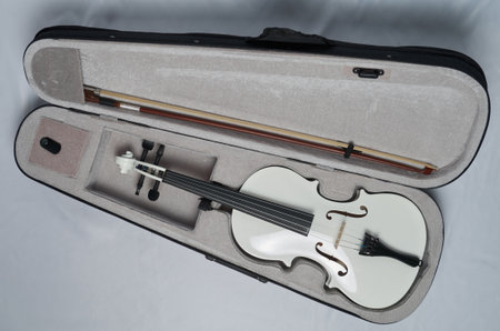 A white violin with a bow lies in a violin caseの写真素材