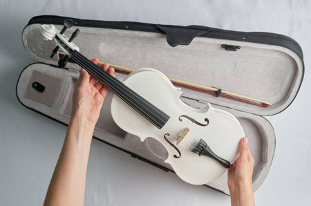 A woman's hand takes a white violin out of its caseの写真素材